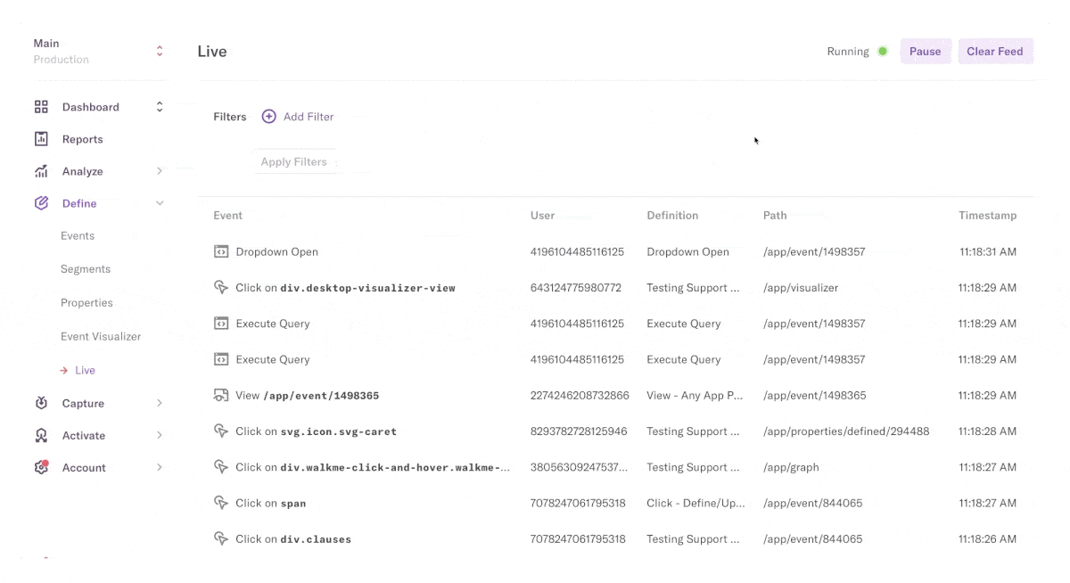GIF showing live user data from a website with Heap installed